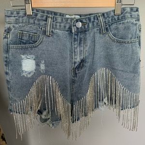 Distressed denim rhinestone cut-off shorts